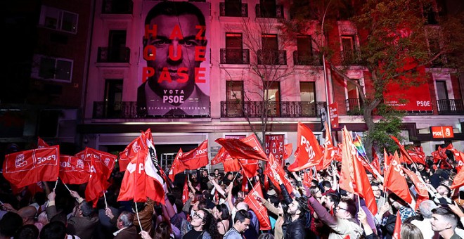 Imagen de la celebración de los resultados de las elecciones del 28A en la sede del Psoe