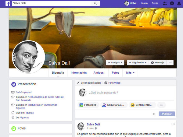 Imagen del supuesto muro de Facebook de Dalí